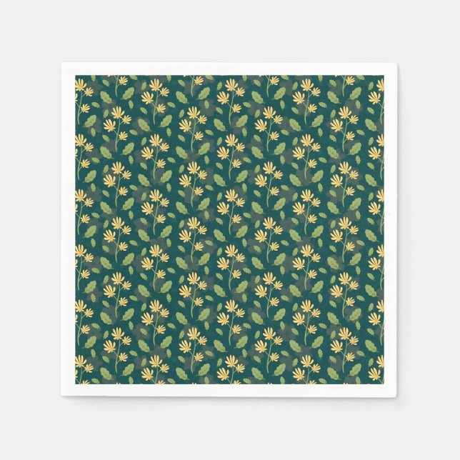 Vibrant Green Pattern with Yellow Flowers & Leaves Pappersservett (Framsidan)