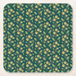 Vibrant Green Pattern with Yellow Flowers & Leaves Underlägg Papper Kvadrat