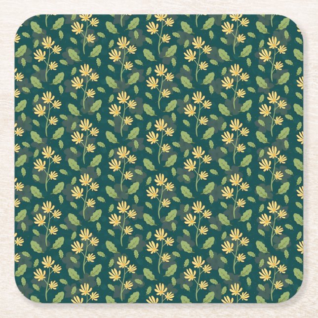 Vibrant Green Pattern with Yellow Flowers & Leaves Underlägg Papper Kvadrat (Framsidan)