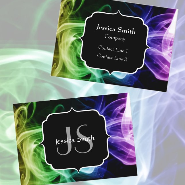 Vibrant Grönt Blue Lila Abstrakt Smoke Monogram Visitkort (Vibrant Green Blue Purple Abstract Smoke Monogram Business Card)