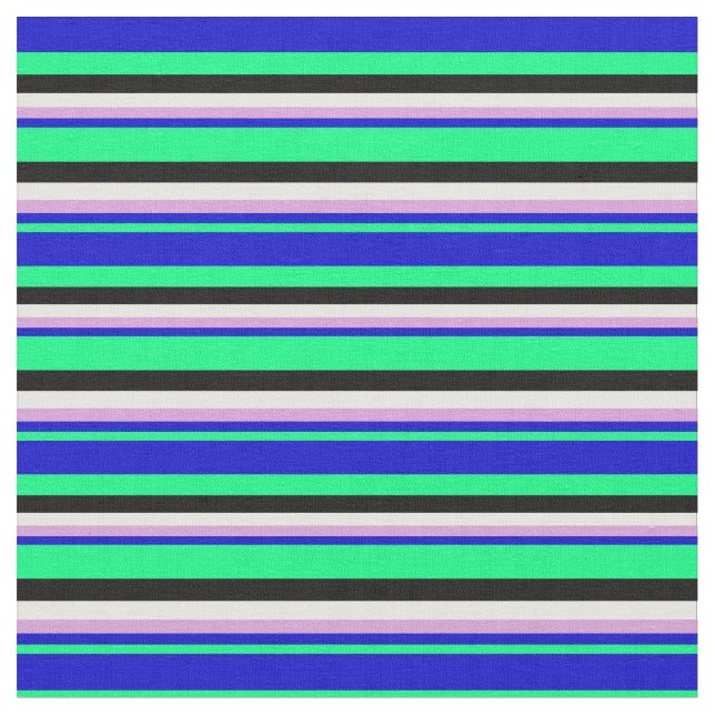 Vibrant Grönt, Blue, Plum, White & Black Linjer Tyg (Närbild)