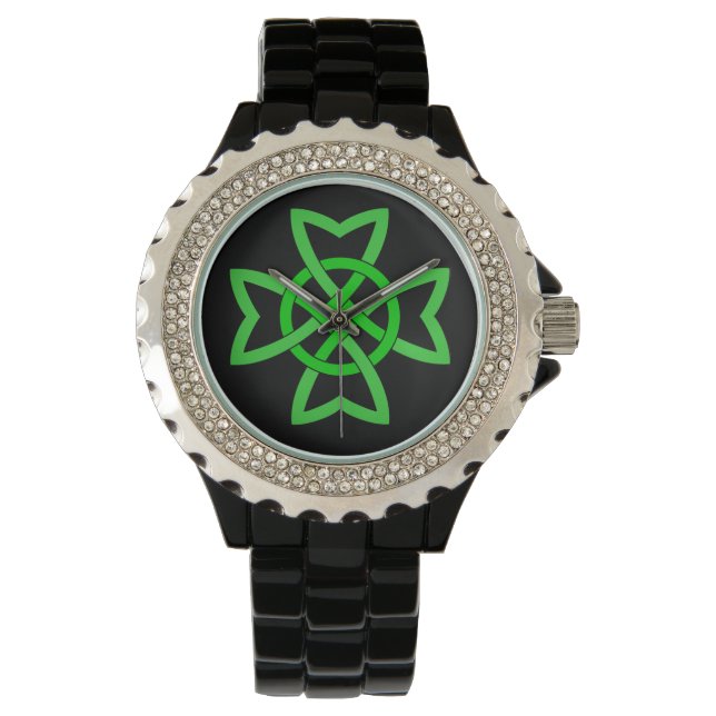 Vibrant Grönt Irish Knot Design på svart Armbandsur (Framsida)