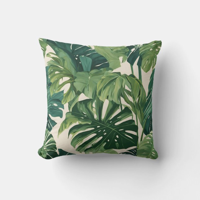 Vibrant Grönt Lush Handflatan Löv & Monstera Kudde (Framsida)