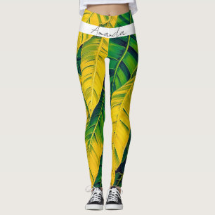Vibrant Grönt och Gult Banana Löv Mönster Leggings