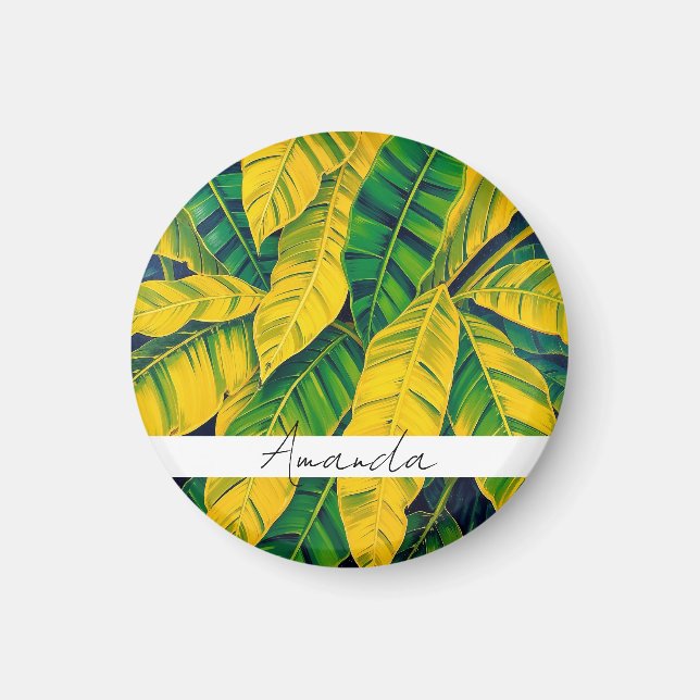 Vibrant Grönt och Gult Banana Löv Mönster Magnet (Framsidan)