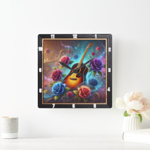 Vibrant Guitar, omringad av Colorful Ro Fyrkantig Klocka