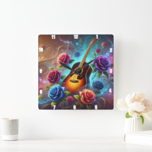 Vibrant Guitar, omringad av Colorful Ro Fyrkantig Klocka