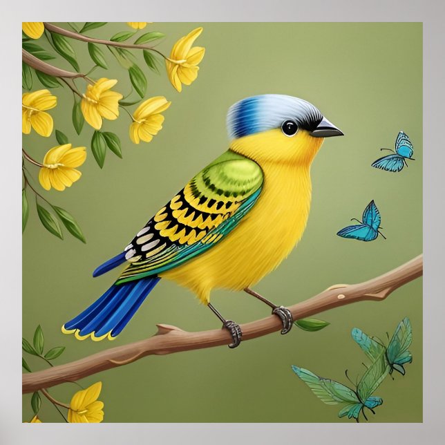 Vibrant Gult Bird på Gren Poster (Framsidan)
