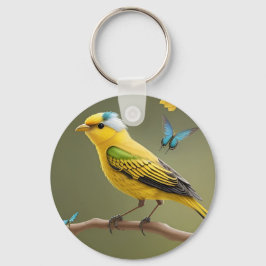 Vibrant Gult Bird Perched Amid Butterflies Nyckelring