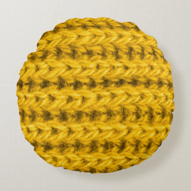 Vibrant Gult Kndis Wool Struktur Rund Kudde (Framsidan)