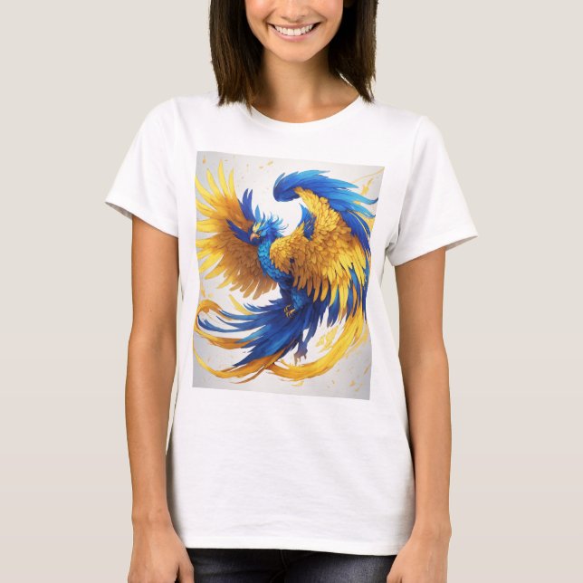 "Vibrant Gult och Blue Phoenix T-Shirt - stand O (Framsida)