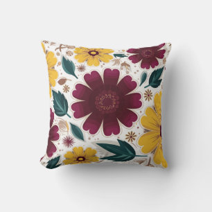 Vibrant Gult och Burgundy-Blommigt Kudde