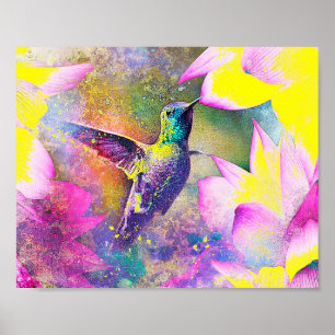 Vibrant Gult och Lila Blommigt Hummingbird Art Poster