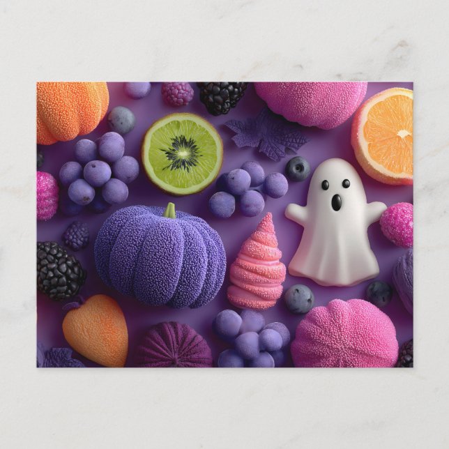 Vibrant Halloween-godis och Ljugit fruktplattor Vykort (Framsida)