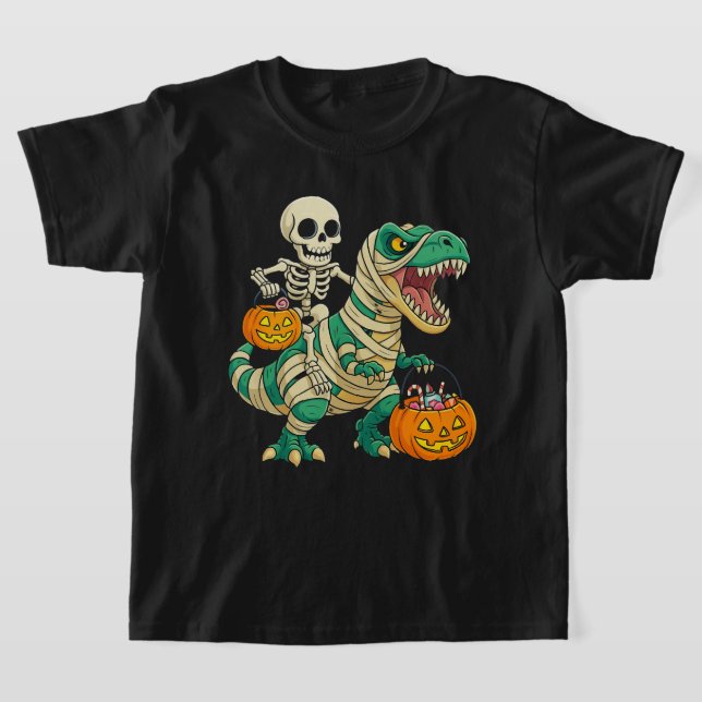 Vibrant Halloween Skeleton och T-Rex Candy Bucket T Shirt (Laydown)