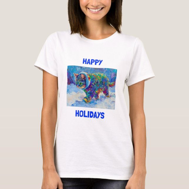 Vibrant Happy Holidays Cat Celebration Tee (Framsida)