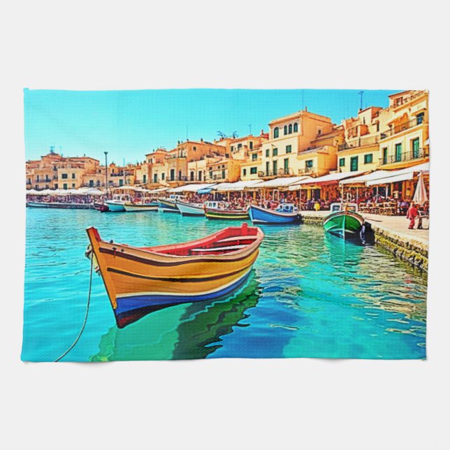 Vibrant Harbour: Bliss i Medelhavet Kökshandduk (Horisontell)