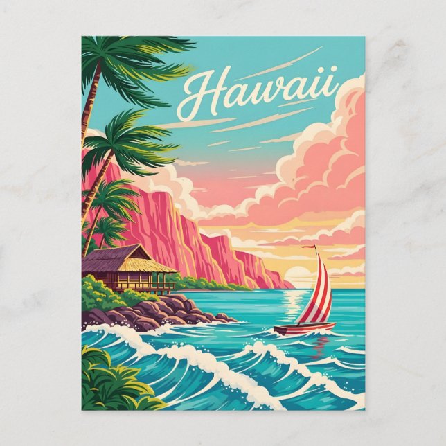 Vibrant hawaiisk kustscen med handflatan träd helg vykort (Framsida)
