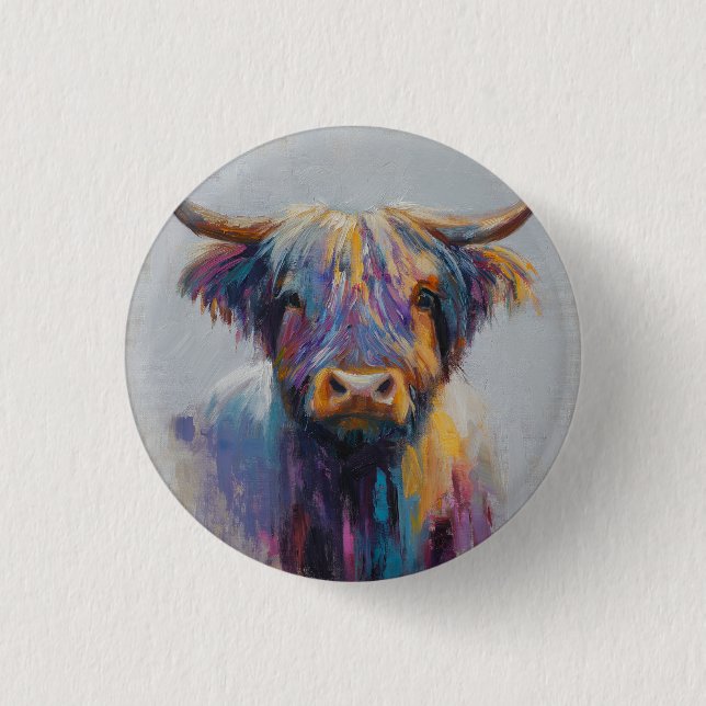 Vibrant Highland Coo Badge - Hängland Cow Button Knapp (Framsida)