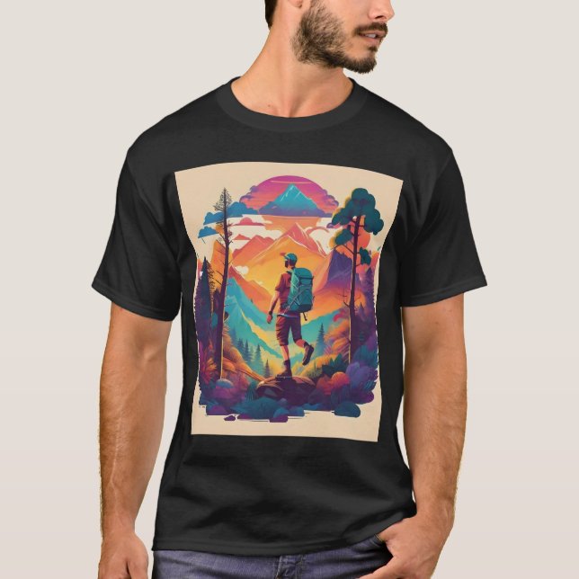 Vibrant Hiker in a Sunset Forest  T Shirt (Framsida)