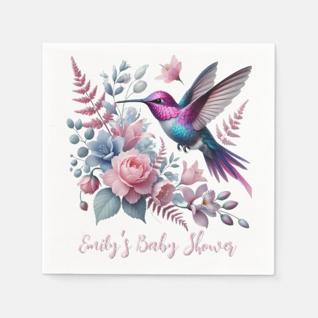 Vibrant hummingbird and Rosa Blooms Baby Shower Pappersservett (Framsidan)