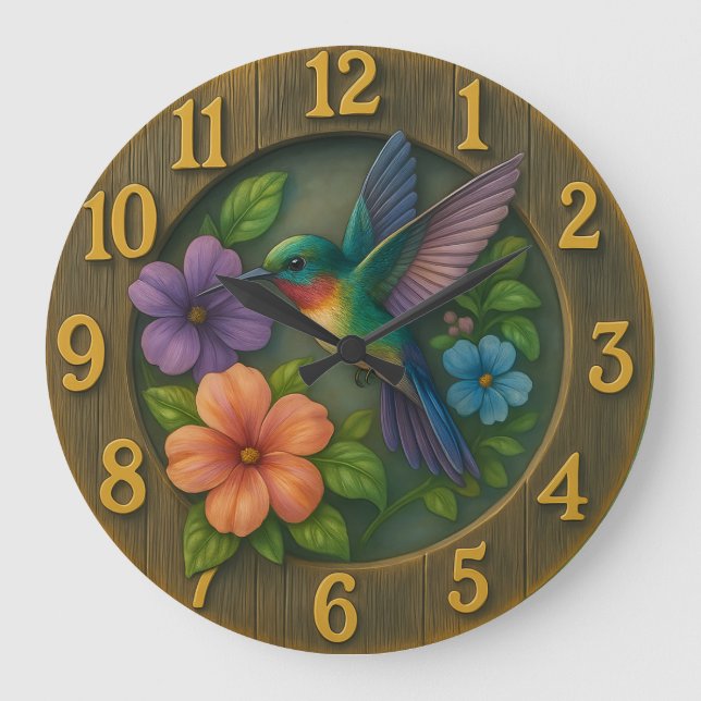 Vibrant hummingbird garden clock with floral detai stor klocka (Framsida)
