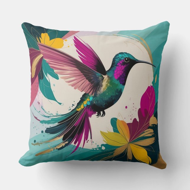 Vibrant Hummingbird in Flight: A Tropical Abstrakt Kudde (Framsida)