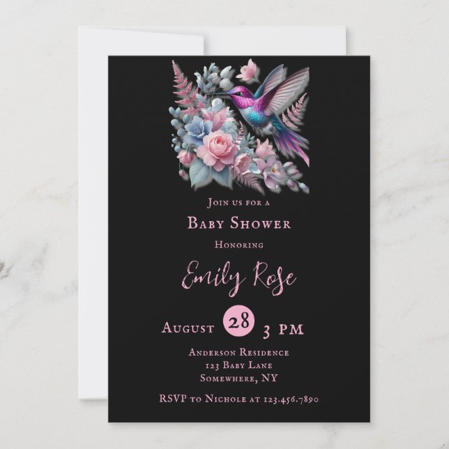 Vibrant Hummingbird & Rosa Blooms Girl Baby Shower Inbjudningar (Framsida)