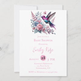 Vibrant Hummingbird & Rosa Blooms Girl Baby Shower Inbjudningar