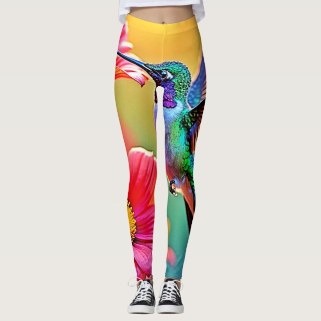 Vibrant hummingbird vid solnedgången design leggings (Framsida)