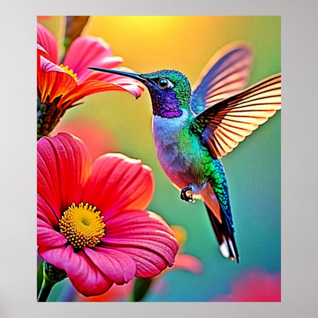 Vibrant hummingbird vid solnedgången design poster (Framsidan)