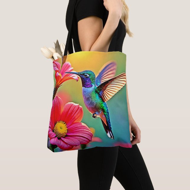 Vibrant hummingbird vid solnedgången design tygkasse (Närbild)