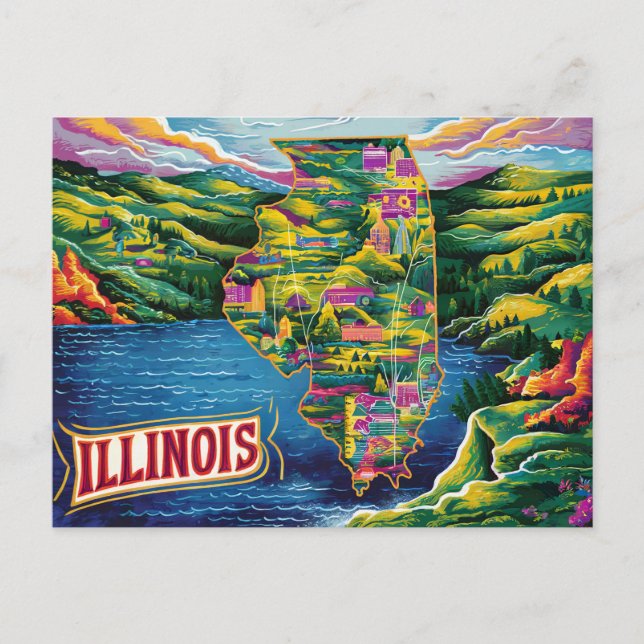 Vibrant Illinois Illustrated Karta Vykort (Framsida)