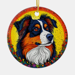 Vibrant Illustrated Porträtt i ett Hund Julgransprydnad Keramik