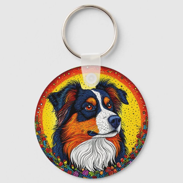 Vibrant Illustrated Porträtt i ett Hund Nyckelring (Framsida)