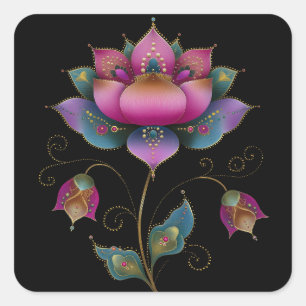 Vibrant Indian Mehndi Lotus Flower Rosa Blue Guld Fyrkantigt Klistermärke