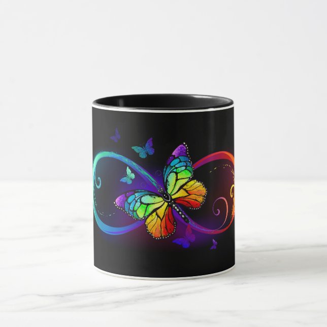 Vibrant infinity with rainbow butterfly on black mugg (Center)