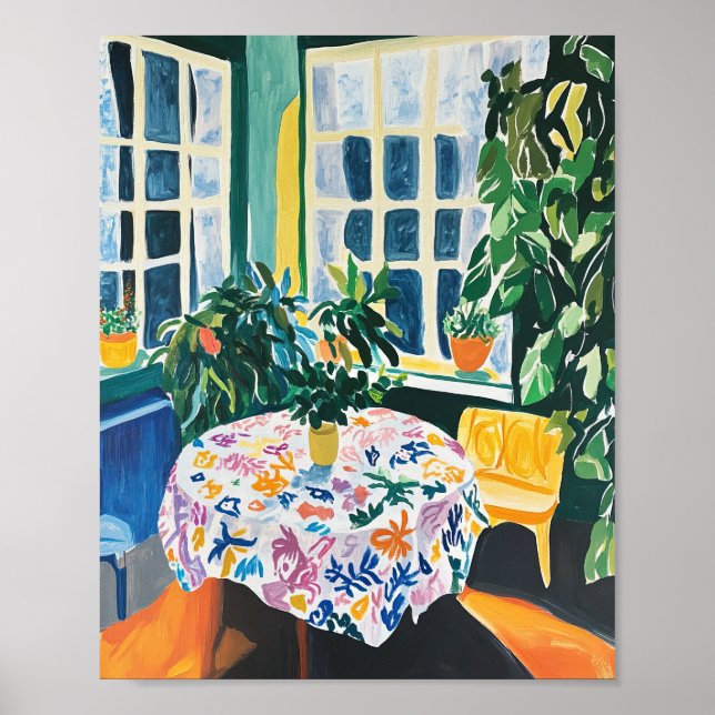 Vibrant Interior Scene with Floral Tablecloth Post Poster (Framsidan)