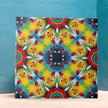 Vibrant Intricate Kaleidoscope Geometric Mönster Kakelplatta<br><div class="desc">Den här keramiska plattan har en levande och komplicerad design. I mitten av plattan finns en stjärnformad mönster som återges i blå fet nyans. Detta centrala motiv omges av strålande former i en slående gult, med delikata accenter i rött och grönt. Konstruktionen kännetecknas av sitt symmetriska och geometriska mönster som...</div>