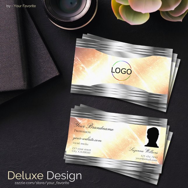 Vibrant Ivory Peach med Silver Gräns Logotyp Photo Visitkort (Skapare uppladdad)