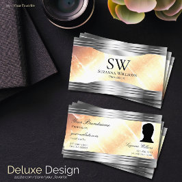 Vibrant Ivory Peach Silver Gräns Monogram Photo Visitkort