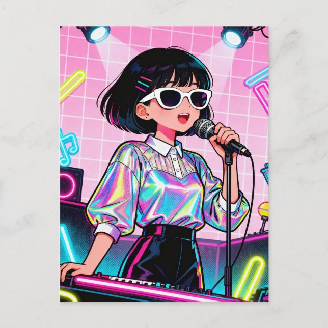 Vibrant Japanese Karaoke Pop Art Girl Vykort (Framsida)
