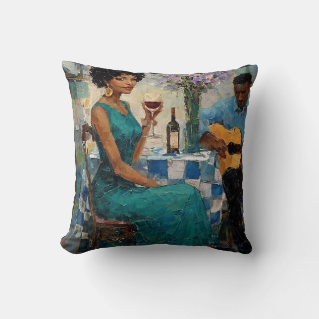 Vibrant Jazz Woman Teal Bistro Art Kudde (Framsida)