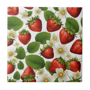 Vibrant Jordgubbar, Löv och blommor Kakelplatta