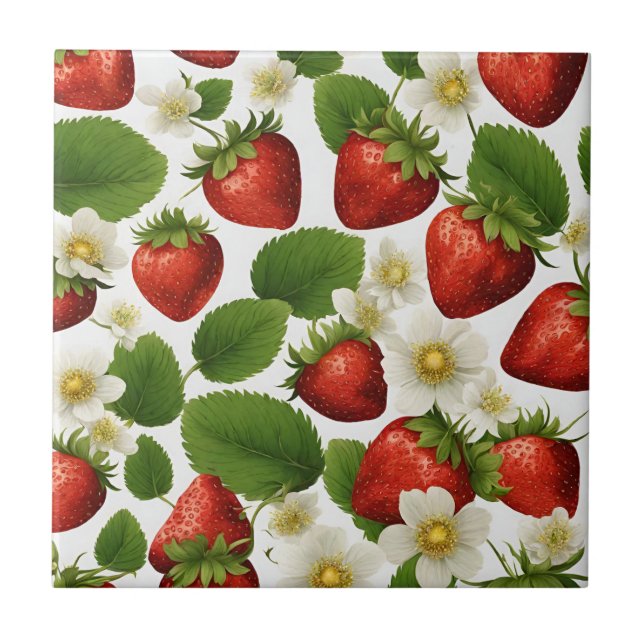 Vibrant Jordgubbar, Löv och blommor Kakelplatta (Framsidan)
