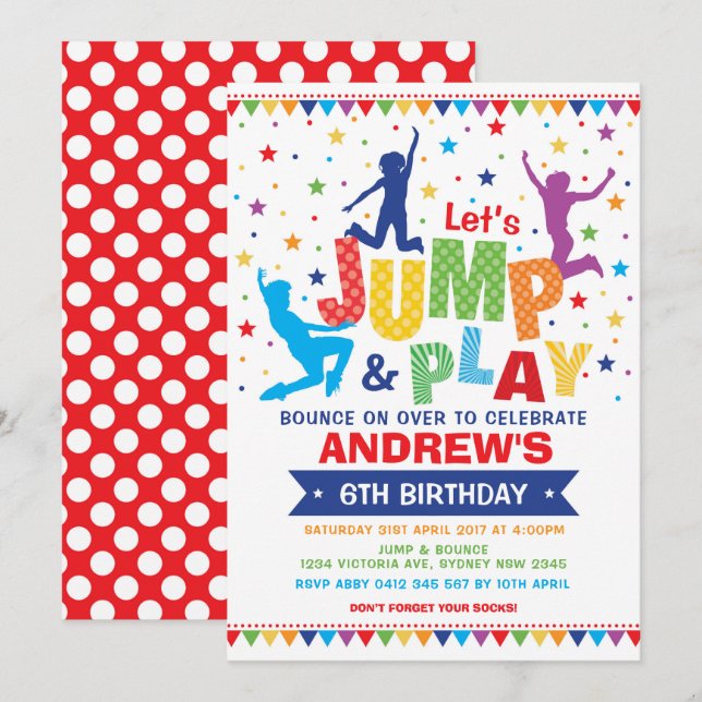 Vibrant jump Bump Play Birthday Trampoline Party Inbjudningar (Fram/baksida)