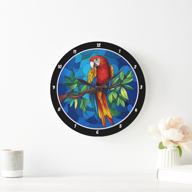 Vibrant Jungle Jewel’ - Stached Glass Parrot Wall Stor Klocka (Hem)
