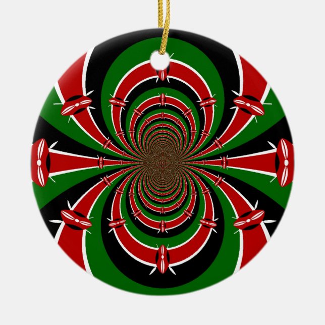 Vibrant Kenya Vision: Mirrored Kenyan Flagga Art Julgransprydnad Keramik (Framsidan)