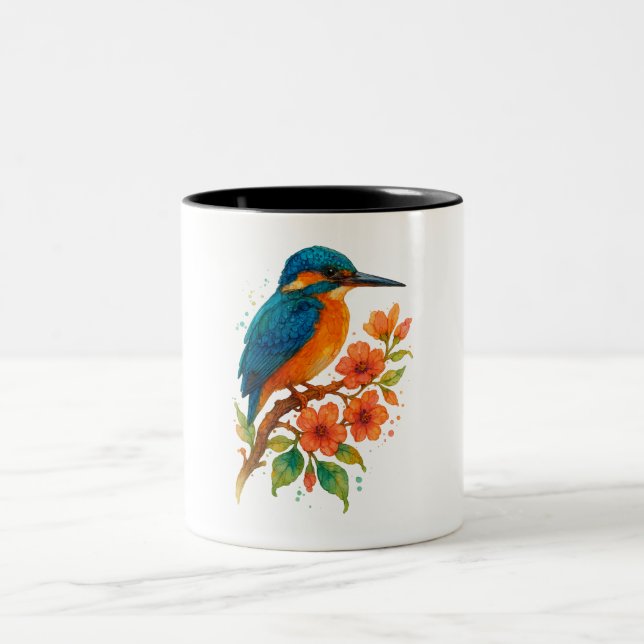 Vibrant Kingfisher med Blommar - Vattenfärgskonst Två-Tonad Mugg (Center)