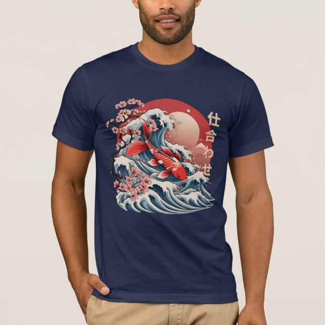 Vibrant Koi Fish Wave - Japansk Ukiyo-e T-shirt (Framsida)